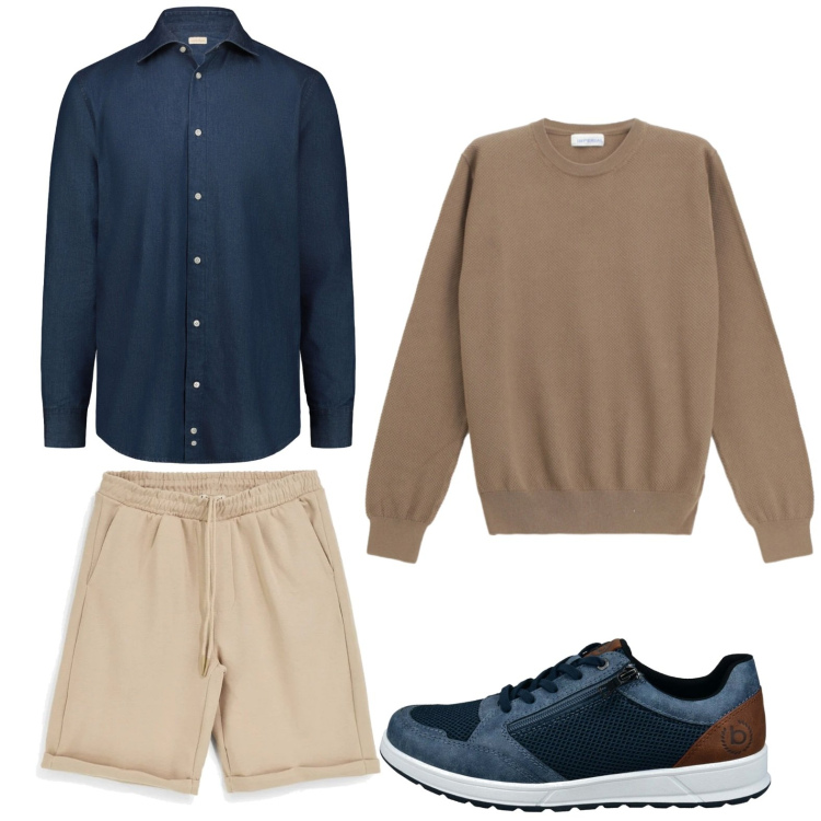 Outfit uomo - Il maglione sulle spalle. Stile Casual per Tutti i giorni. Abbinamento con maglieria, camicie, sneakers, bermuda.