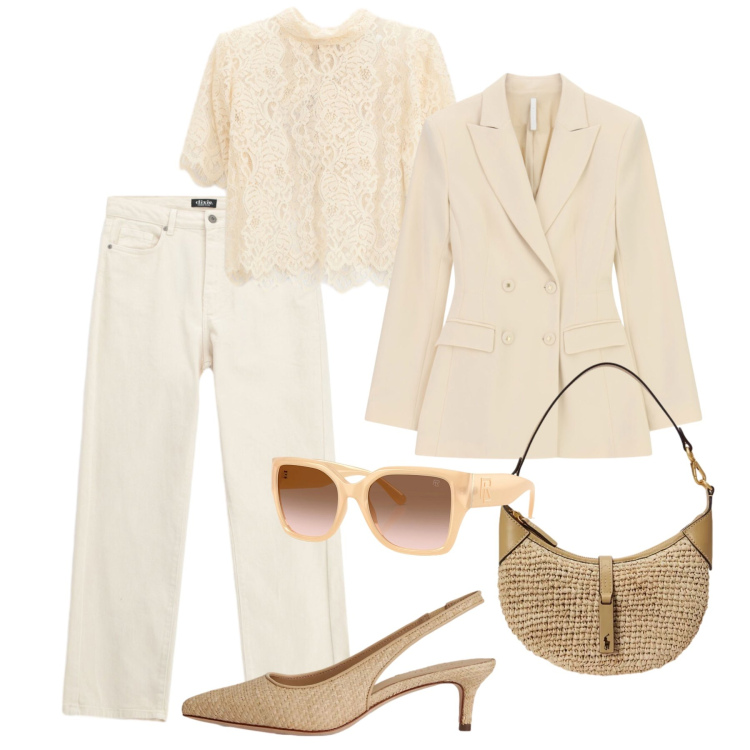 Outfit donna - Denim burro chic - @Laloba. Stile Casual chic per Tutti i giorni. Abbinamento con top, blazer, jeans dritti, occhiali da sole, décolleté, borse a spalla.