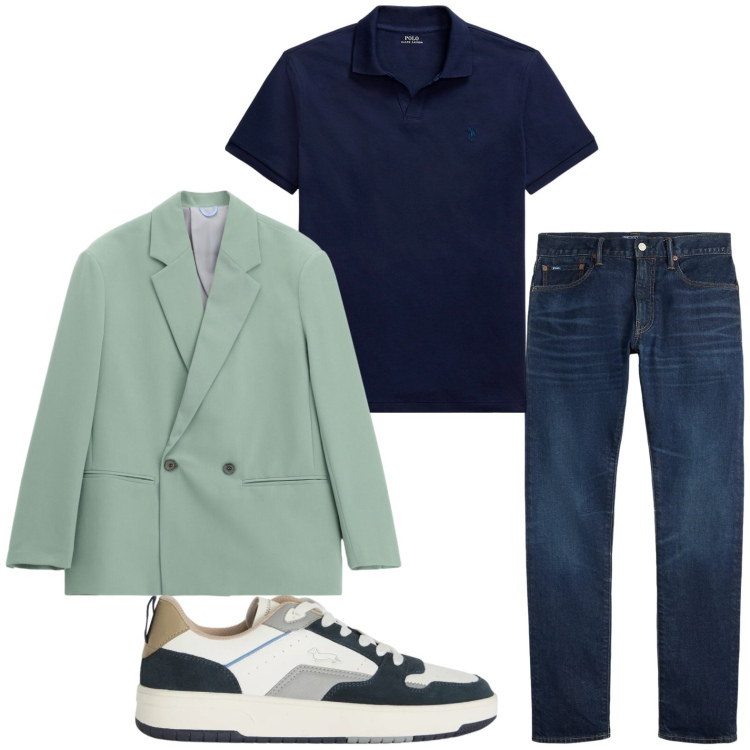 Outfit uomo - Blazer acquamarina. Stile Casual per Ufficio. Abbinamento con giacche, sneakers, polo, jeans.
