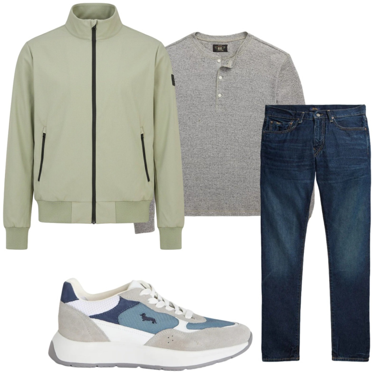 Outfit uomo - Jeans di stagione. Stile Casual per Tutti i giorni. Abbinamento con sneakers, t-shirt, jeans, bomber.
