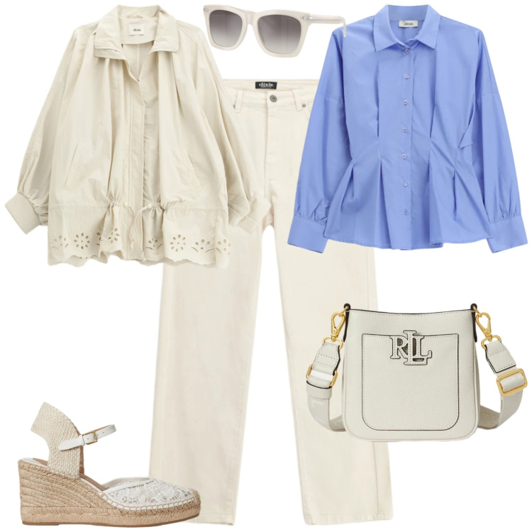 Outfit donna - Trendy ufficio tempo libero. Stile Trendy per Tutti i giorni. Abbinamento con parka, jeans dritti, camicie, occhiali da sole, borse a tracolla, espadrillas.
