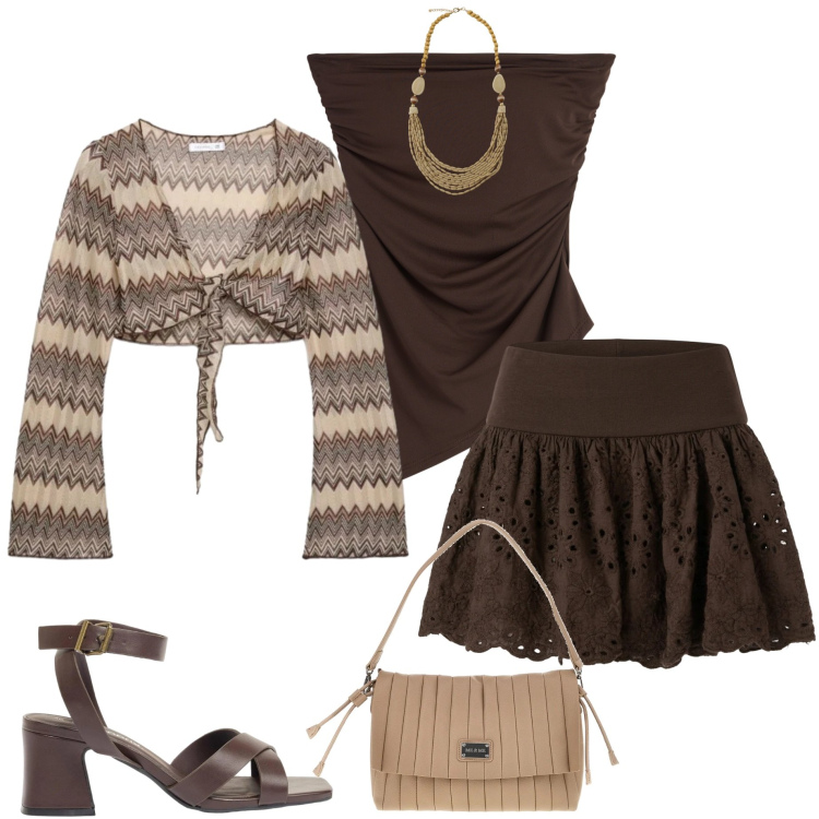 Outfit donna - Serata con amici. Stile Casual chic per Serata fuori. Abbinamento con sandali col tacco, top, minigonne, blazer, collane, pochette.