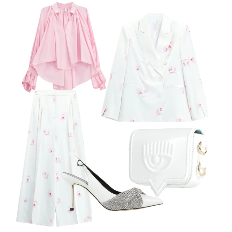 Outfit donna - Il tallier fiori. Stile Casual chic per Cerimonia. Abbinamento con décolleté, marsupi, camicie, blazer, pantaloni a palazzo.
