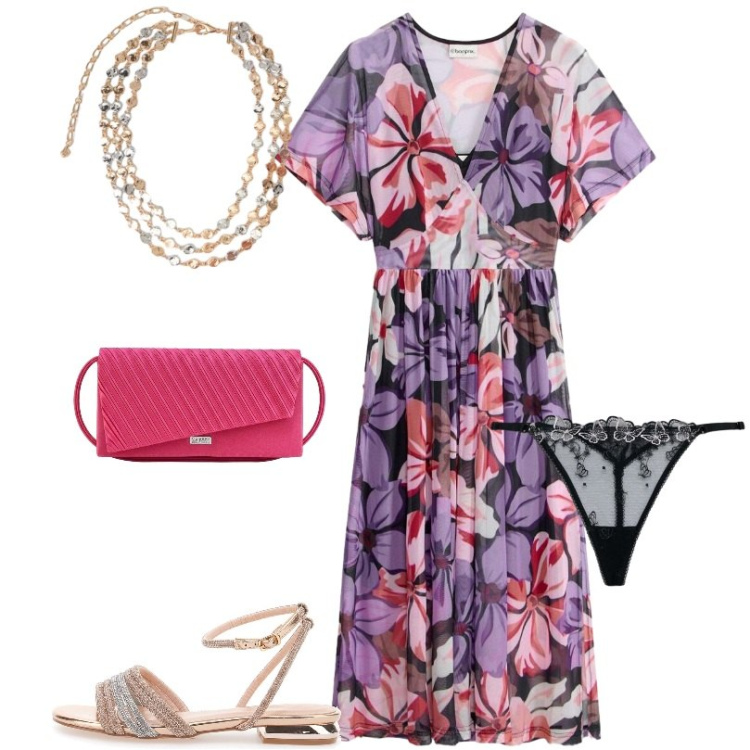 Outfit donna - Battesimo low cost a spiaggia. Stile Romantica per Cerimonia. Abbinamento con vestiti midi/longuette, perizomi, collane, sandali, pochette.