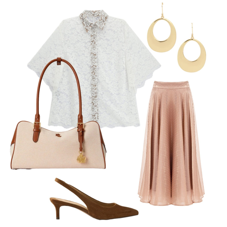 Outfit donna - Belle fresche. Stile Casual chic per Serata fuori. Abbinamento con camicie a manica corta, décolleté, borse a mano, orecchini, gonne longuette.