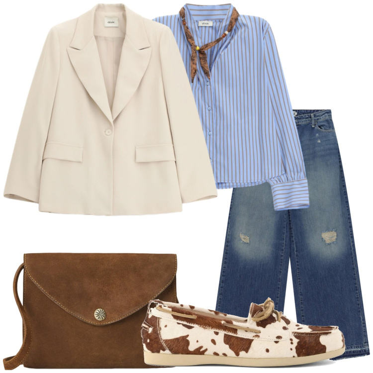 Outfit donna - Mi rifaccio il look. Stile Trendy per Tutti i giorni. Abbinamento con jeans dritti, blazer, camicie, borse a tracolla, mocassini.