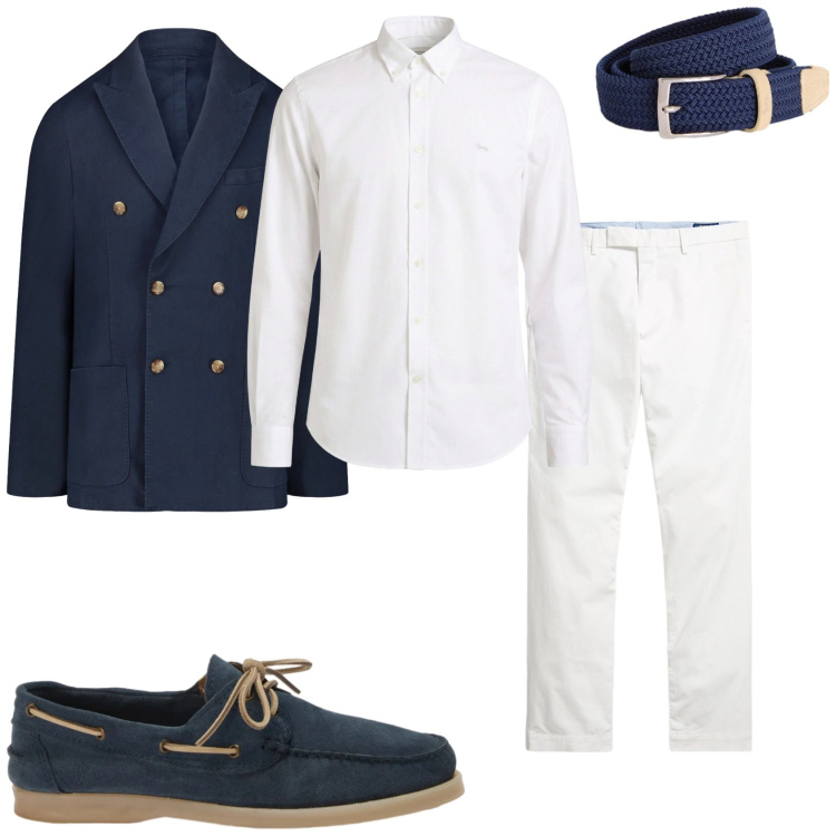 Outfit uomo - Stile capitano. Stile Business/Elegante per Cerimonia. Abbinamento con cinture, camicie, scarpe stringate, giacche, pantaloni chino.
