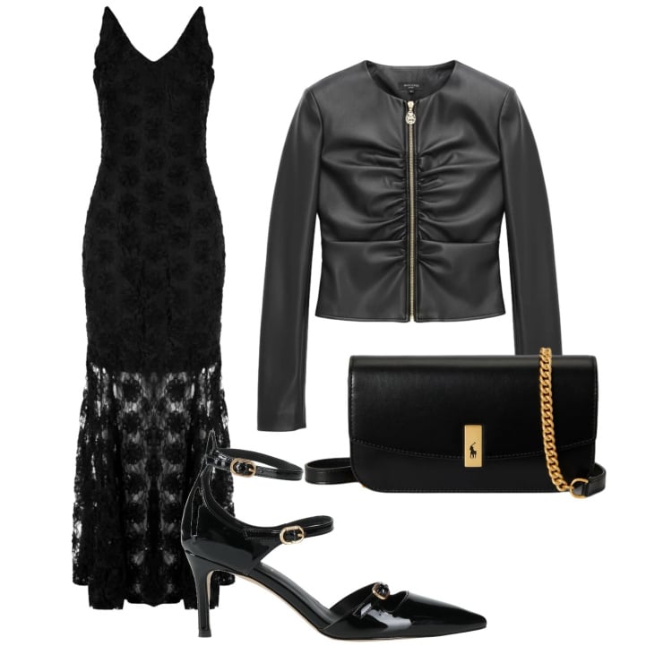 Outfit donna - Serata di gala total Black. Stile Casual chic per Cerimonia. Abbinamento con décolleté, vestiti lunghi, giacche, clutch.