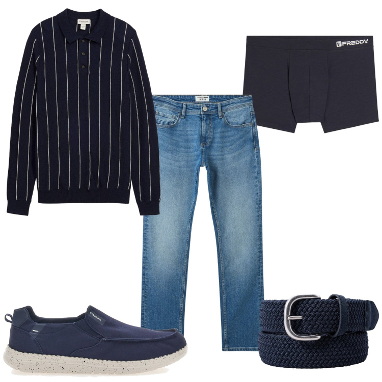 Outfit uomo - Maglione in filato tutto blu. Stile Casual per Tutti i giorni. Abbinamento con maglieria, jeans, boxer, scarpe stringate, cinture.