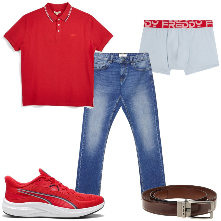Outfit uomo - Polo rossa e sneaker. Stile Casual per Tutti i giorni. Abbinamento con jeans, boxer, cinture, sneakers alte, polo.