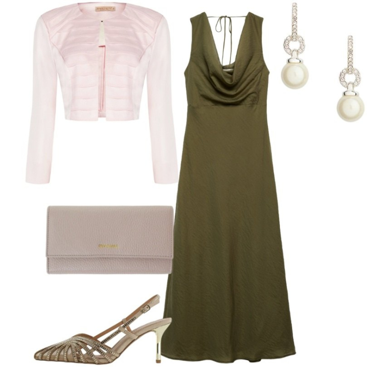 Outfit donna - Abito cerimonia semplice. Stile Chic per Cerimonia. Abbinamento con vestiti lunghi, portafogli, bolero, décolleté, orecchini.