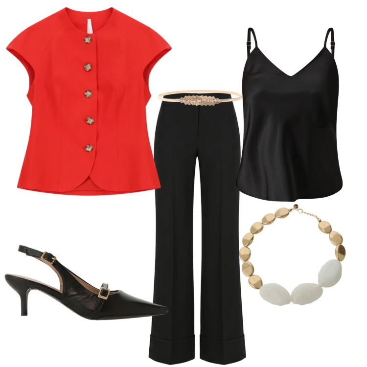 Outfit donna - Total look #2392822. Stile Glamour per Cerimonia. Abbinamento con sandali col tacco, blazer, top, pantaloni, collane, cinture.