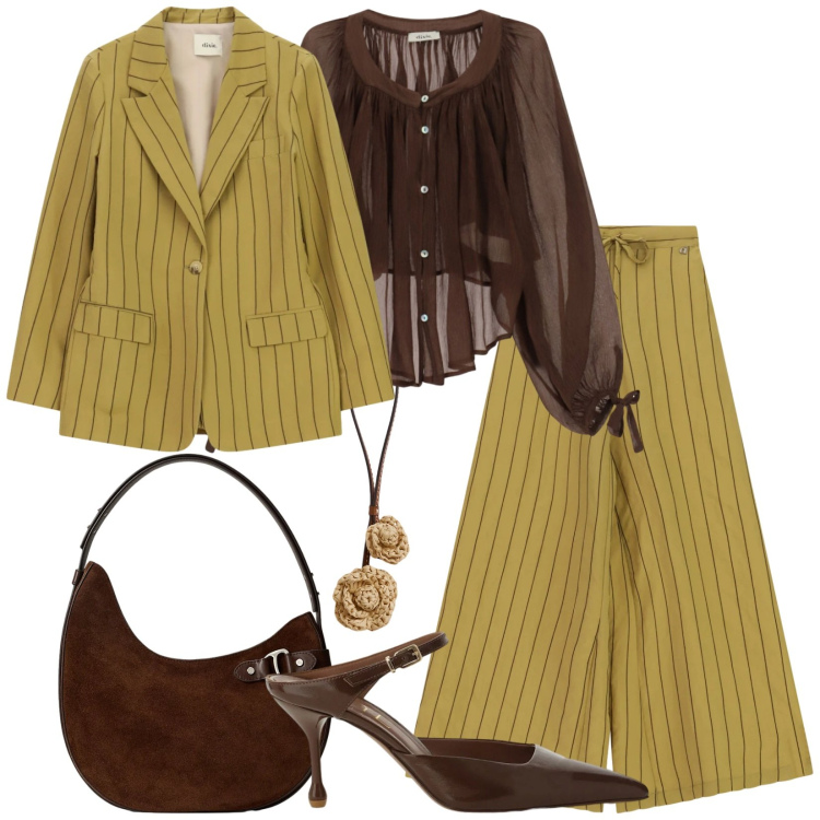 Outfit donna - Un completo Dixie. Stile Chic per Cerimonia. Abbinamento con décolleté, camicie, pantaloni a palazzo, blazer, borse a spalla, ciondoli.