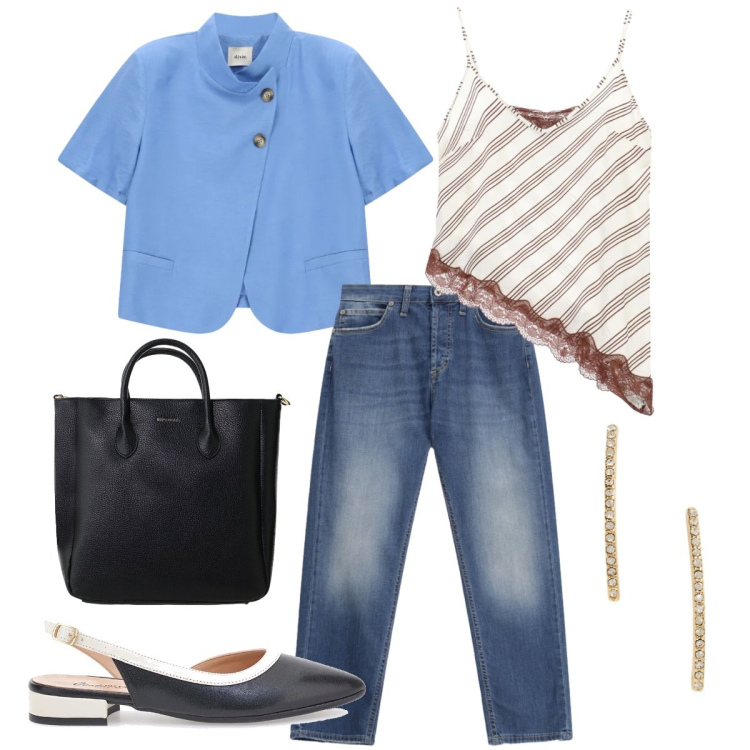 Outfit donna - Total look #2392825. Stile Chic per Tutti i giorni. Abbinamento con jeans dritti, top, borse a tracolla, blazer, orecchini, ballerine.