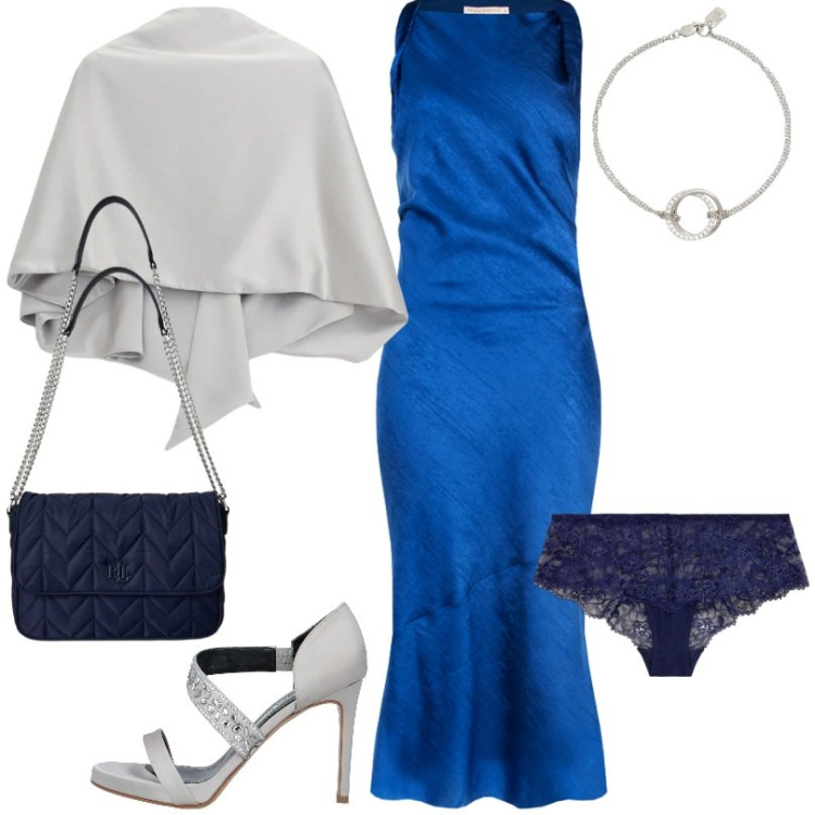 Outfit donna - Invitata a cerimonia. Stile Glamour per Cerimonia. Abbinamento con sandali in pelle, scialli, vestiti asimmetrici, culotte, braccialetti, borse a tracolla.