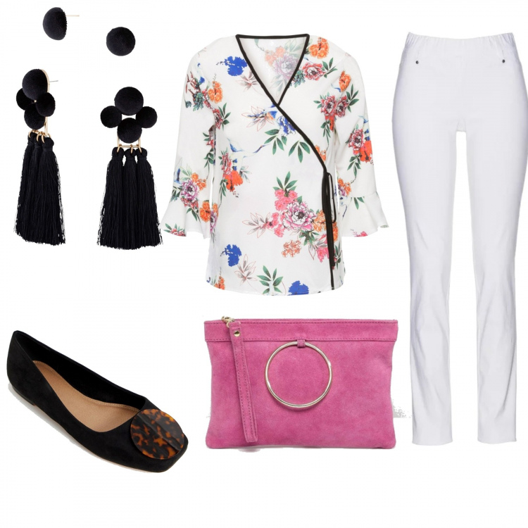 Outfit donna - Ispirazione sol levante. Stile Basic per Tutti i giorni. Abbinamento con pantaloni, blusa a portafoglio con scollo beige, orecchini, ballerine con punta quadrata, pochette effetto scamosciato con zip.