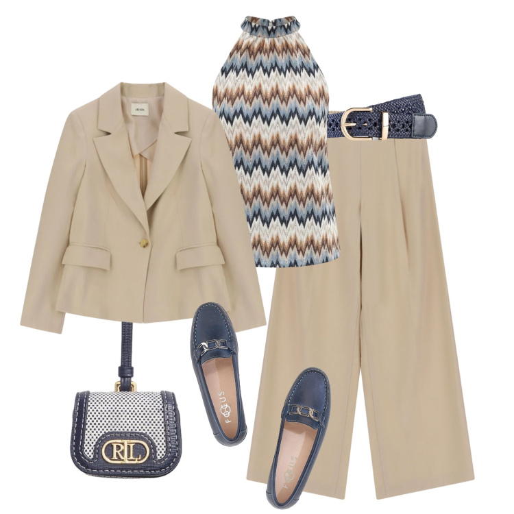 Outfit donna - Il top fantasia chevron. Stile Casual chic per Tutti i giorni. Abbinamento con cinture, canottiere, blazer, pantaloni a palazzo, pochette, mocassini.