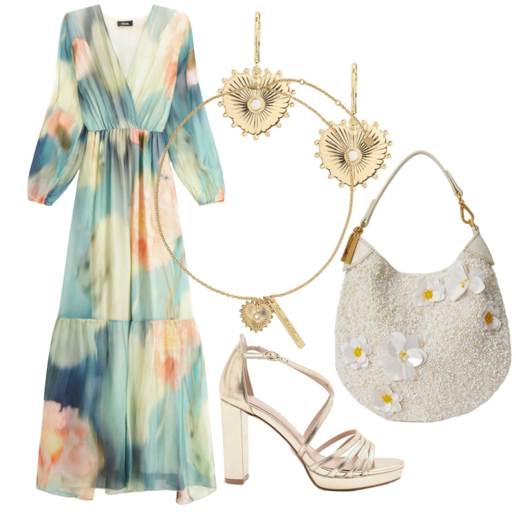 Outfit donna - Dritta verso il bouquet. Stile Chic per Cerimonia. Abbinamento con sandali col tacco, vestiti lunghi, orecchini, ciondoli, pochette.