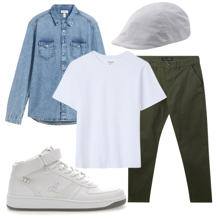 Outfit uomo - Total look #2392833. Stile Urban per Tutti i giorni. Abbinamento con camicie, pantaloni chino, t-shirt, cappelli con visiera, sneakers.