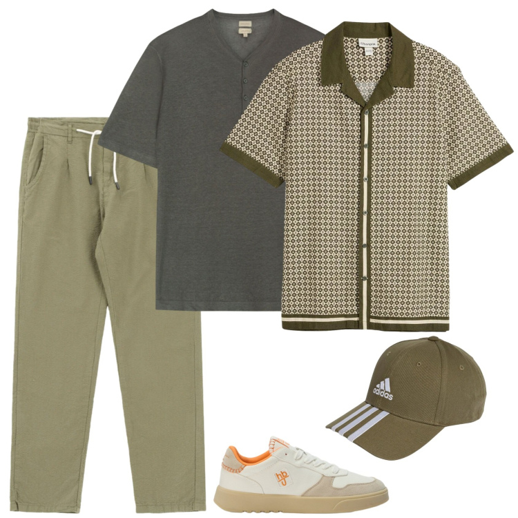 Outfit uomo - In relax. Stile Trendy per Tutti i giorni. Abbinamento con camicie a manica corta, sneakers, pantaloni, cappelli con visiera, t-shirt.