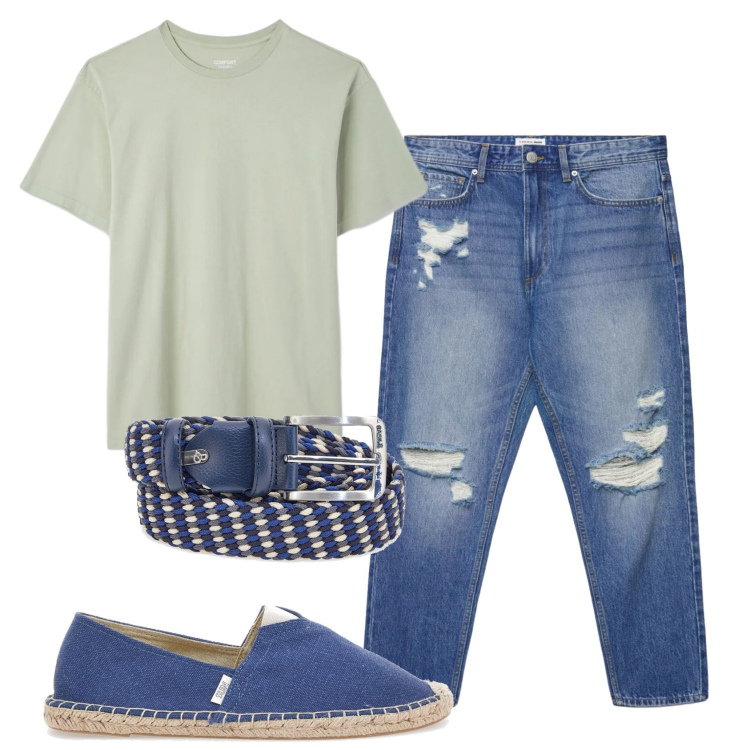 Outfit uomo - Total look #2392841. Stile Casual per Tutti i giorni. Abbinamento con jeans strappati, t-shirt, espadrillas, cinture.