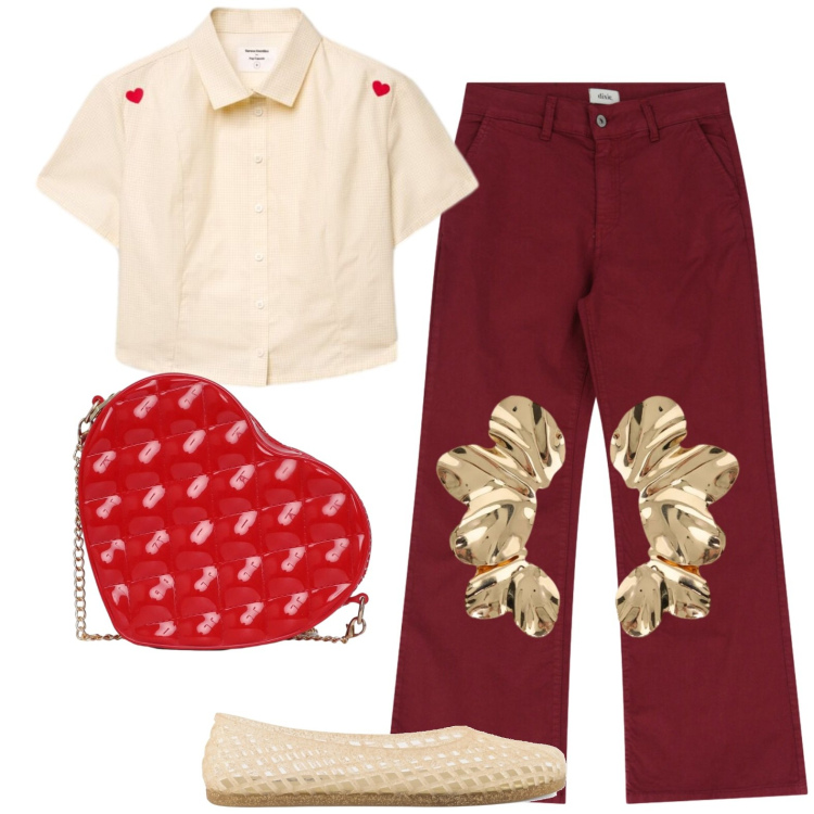 Outfit donna - Love is in the air. Stile Casual per Tutti i giorni. Abbinamento con borse a tracolla, camicie a manica corta, orecchini, jeans, ballerine.