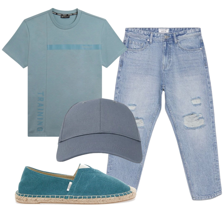 Outfit uomo - Total look #2392847. Stile Casual per Tutti i giorni. Abbinamento con cappelli con visiera, jeans strappati, t-shirt, espadrillas.
