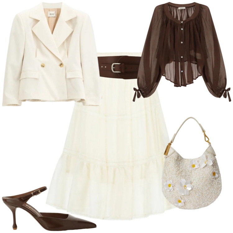 Outfit donna - Chic evento cerimonia serata. Stile Chic per Cerimonia. Abbinamento con blazer, décolleté, cinture, camicie, gonne lunghe, pochette.