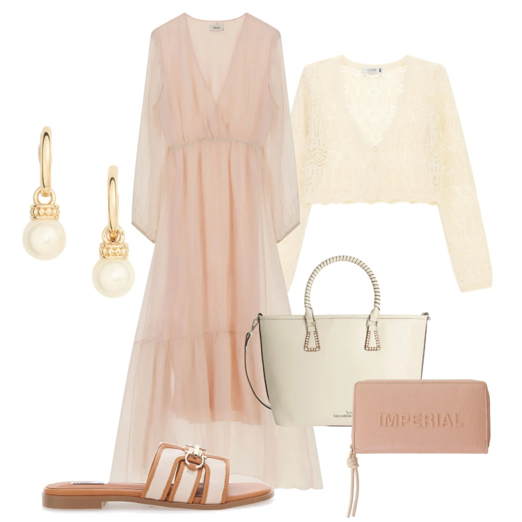 Outfit donna - Peach blush boho chic. Stile Boho per Tutti i giorni. Abbinamento con shopping bag, cardigans, portafogli, vestiti lunghi, orecchini, ciabatte.