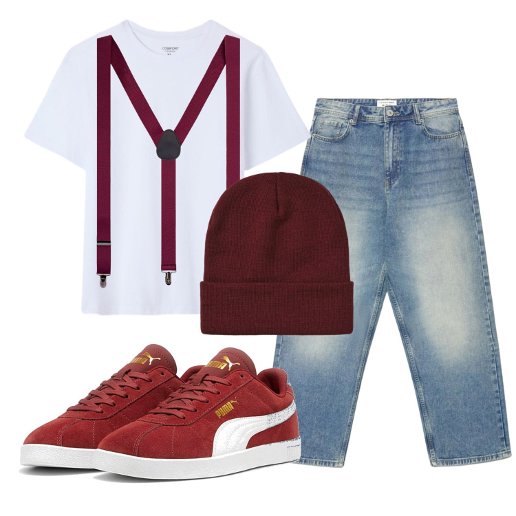 Outfit uomo - Total look #2392851. Stile Urban per Tutti i giorni. Abbinamento con berretti, jeans dritti, t-shirt, sneakers, bretelle.