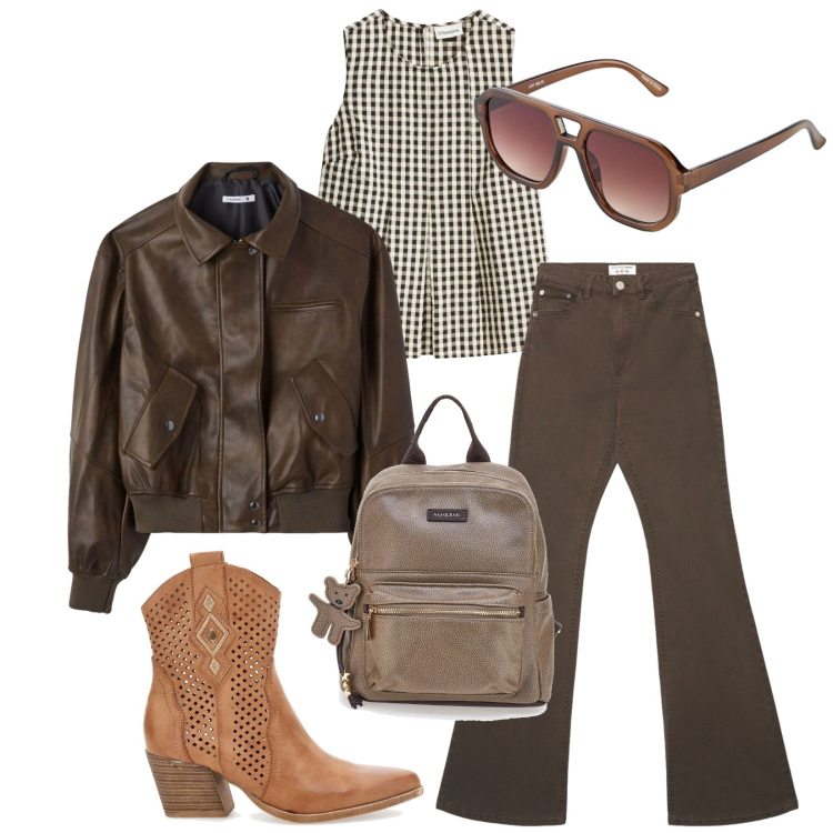 Outfit donna - Total look #2392852. Stile Casual chic per Tutti i giorni. Abbinamento con canottiere, occhiali da sole, jeans a zampa, giacche, zaini, stivaletti texani.