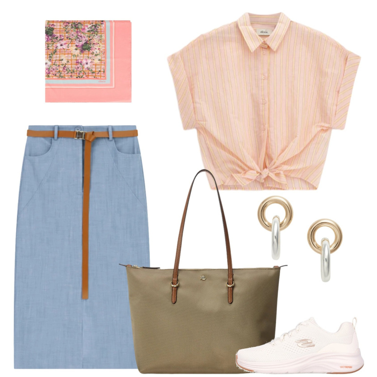 Outfit donna - Pesca qua e là. Stile Trendy per Tutti i giorni. Abbinamento con gonne longuette, camicie a manica corta, foulard, borse tote, orecchini, sneakers.
