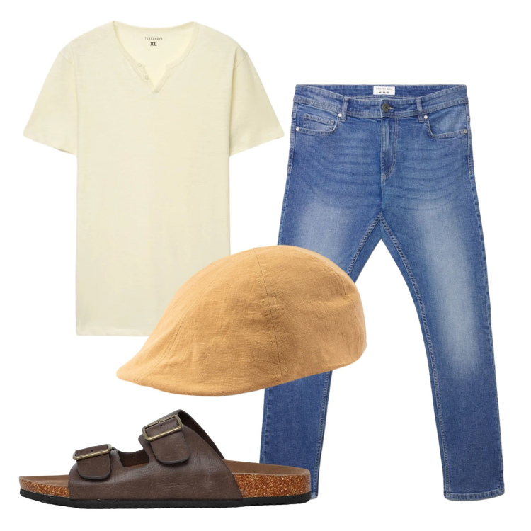 Outfit uomo - Total look #2392855. Stile Casual per Tutti i giorni. Abbinamento con sandali, jeans skinny, t-shirt, cappelli con visiera.