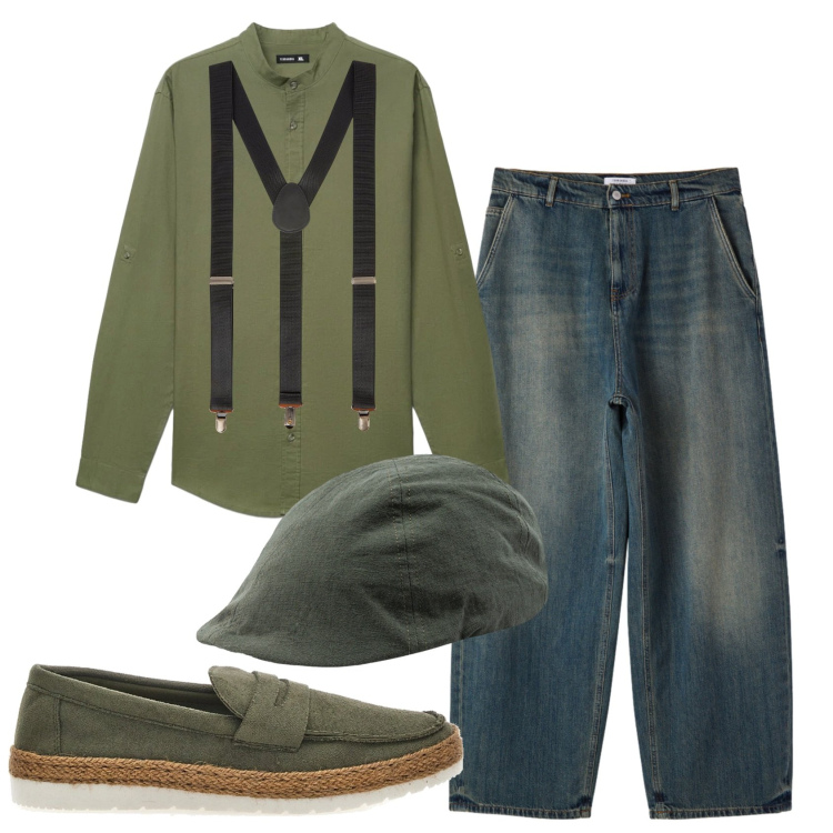 Outfit uomo - Total look #2392857. Stile Urban per Tutti i giorni. Abbinamento con camicie, jeans, bretelle, scarpe stringate, cappelli con visiera.