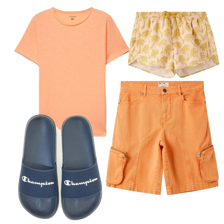 Outfit uomo - Total look #2392859. Stile Casual per Mare. Abbinamento con pantaloni corti, costumi, t-shirt, sandali.