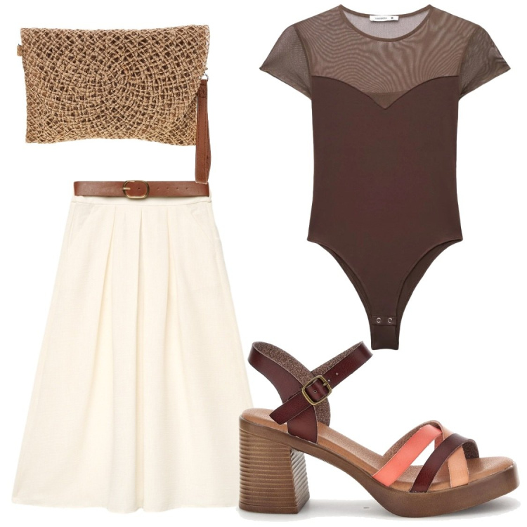 Outfit donna - Sunset Style: EleganzaMarrone e Crema. Stile Chic per Serata fuori. Abbinamento con gonne lunghe, top, borse a tracolla, sandali col tacco.