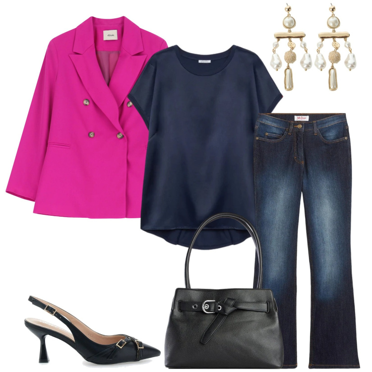 Outfit donna - Total look #2392862. Stile Casual chic per Serata fuori. Abbinamento con jeans bootcut, borse a mano, bluse, blazer, orecchini, décolleté.