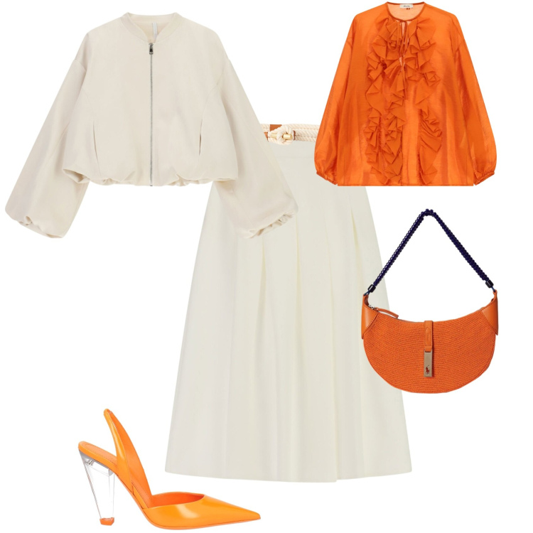 Outfit donna - Chic evento serata. Stile Chic per Serata fuori. Abbinamento con décolleté, bomber, gonne longuette, camicie, borse a spalla, cinture.