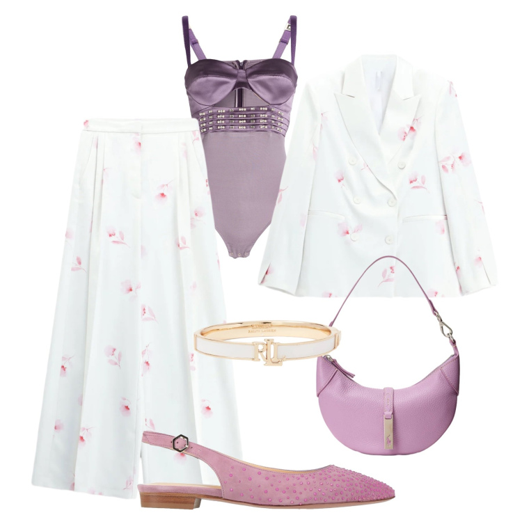 Outfit donna - Le ballerine da cerimonia. Stile Chic per Cerimonia. Abbinamento con ballerine, body, blazer, pantaloni a palazzo, borse a spalla, braccialetti.