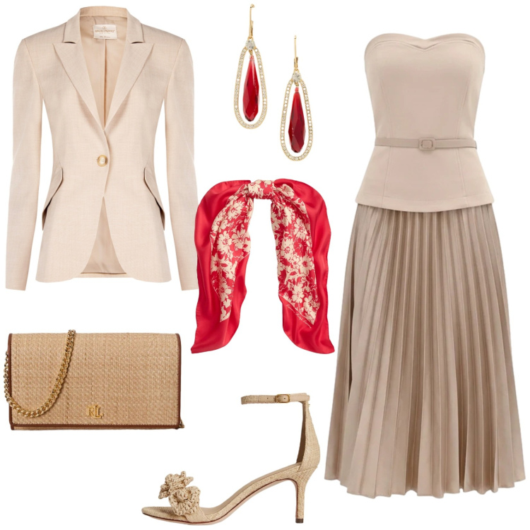 Outfit donna - La stagione delle cerimonie: matrimonio. Stile Chic per Cerimonia. Abbinamento con blazer, vestiti midi/longuette, orecchini, foulard, borse a tracolla, sandali in pelle.