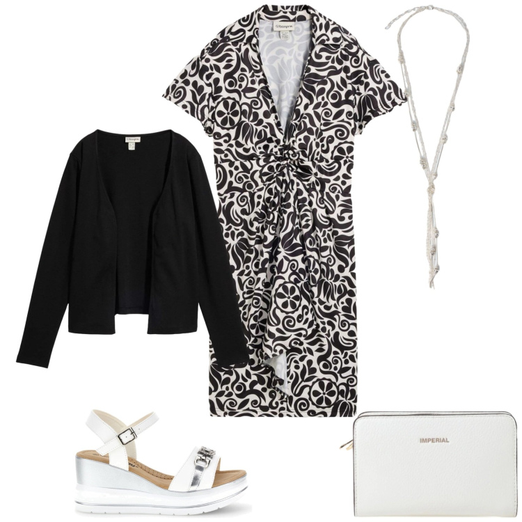 Outfit donna - Total look #2392869. Stile Casual chic per Tutti i giorni. Abbinamento con cardigans, vestiti corti, collane, borse a tracolla, zeppe.