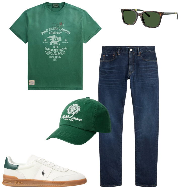 Outfit uomo - Maggio. Stile Casual per Tutti i giorni. Abbinamento con jeans, occhiali da sole, t-shirt, sneakers, cappelli con visiera.