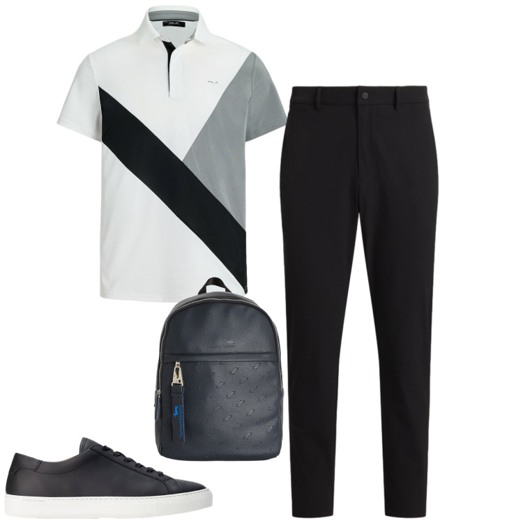 Outfit uomo - Maggio. Stile Casual per Tutti i giorni. Abbinamento con borse sportive, sneakers, pantaloni, polo.