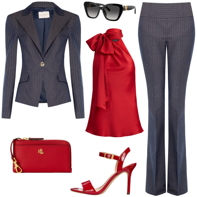Outfit donna - La stagione delle cerimonie: laurea. Stile Chic per Cerimonia. Abbinamento con blazer, pantaloni, occhiali da sole, sandali col tacco, portafogli, top.