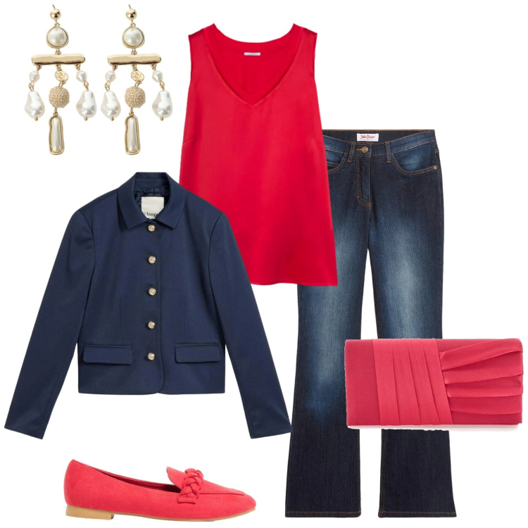 Outfit donna - Total look #2392876. Stile Casual chic per Serata fuori. Abbinamento con jeans bootcut, blazer, mocassini, top, orecchini, pochette.