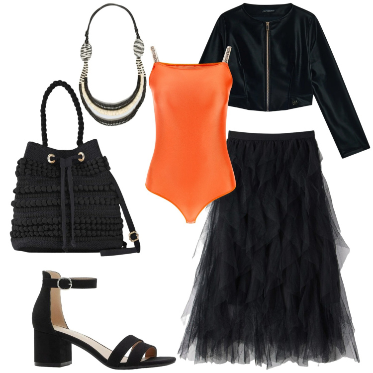 Outfit donna - Total look #2392878. Stile Rock per Serata fuori. Abbinamento con sandali col tacco, borse a secchiello, gonne lunghe, collane, top, blazer.