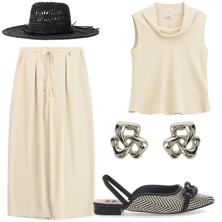 Outfit donna - Visita turistica. Stile Chic per Tutti i giorni. Abbinamento con cappelli, orecchini, top, pantaloni a palazzo, ballerine.