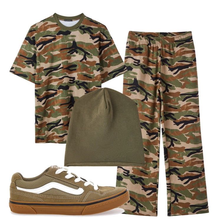 Outfit uomo - Total look #2392880. Stile Trendy per Tutti i giorni. Abbinamento con berretti, pantaloni, t-shirt, sneakers.