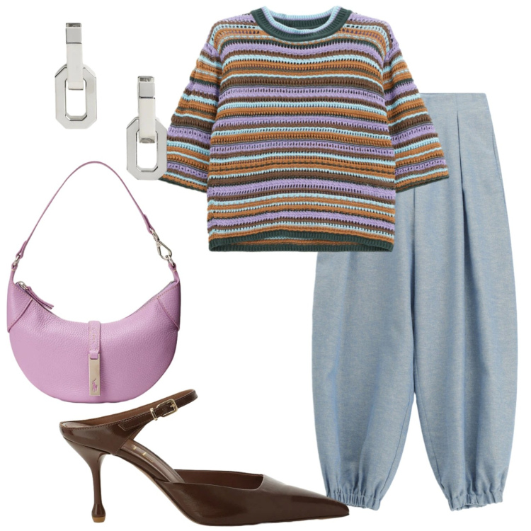 Outfit donna - Ufficio in maggio. Stile Glamour per Ufficio. Abbinamento con pantaloni, décolleté, maglieria, borse a spalla, orecchini.