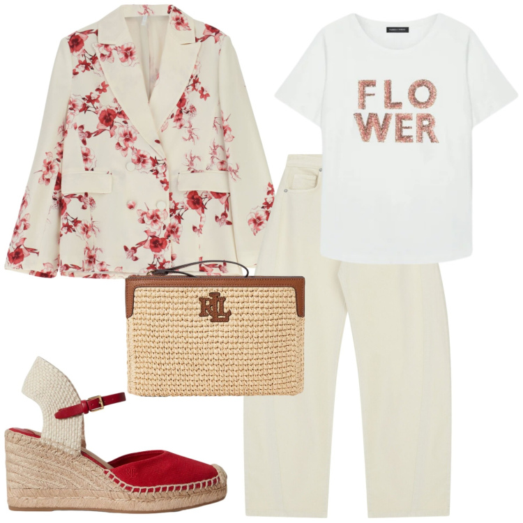 Outfit donna - Tutti i giorni. Stile Casual per Scuola/Università. Abbinamento con t-shirt, blazer, pantaloni a palazzo, zeppe, pochette.